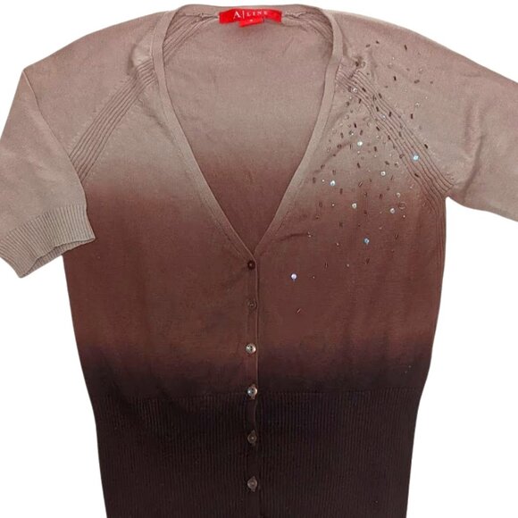 Vintage Brown Beige Women's Ombre Beaded Sequins Knit 3/4 sleeve Top Y2K Size S - Picture 1 of 3